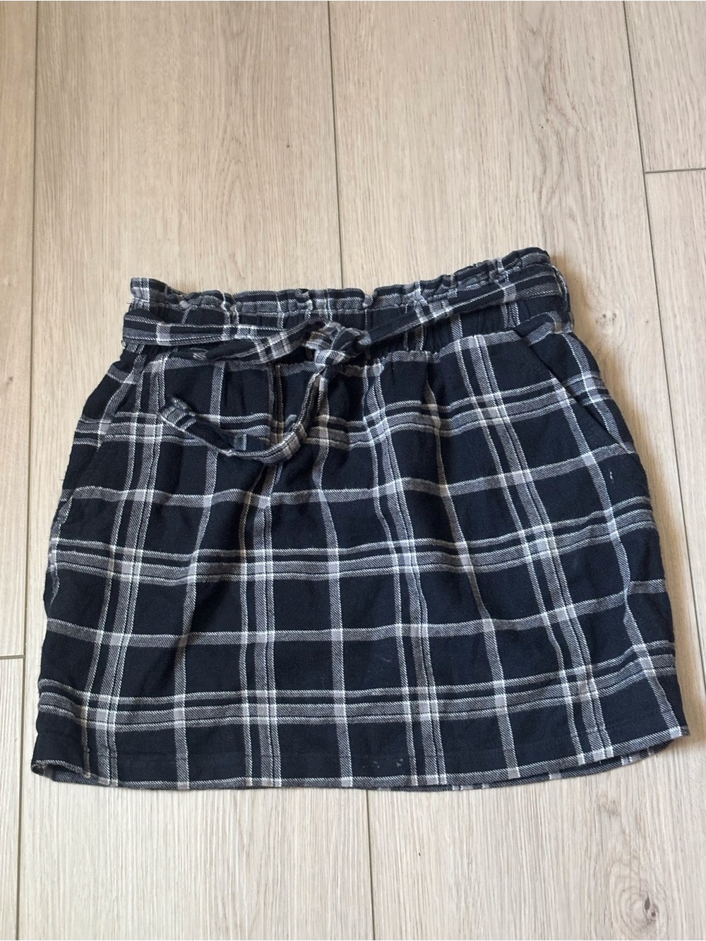 Black & White Plaid Paperbag Mini Skirt with Tie Waist